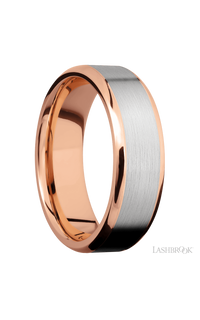 7 mm wide/Beveled/14K Rose Gold band with one 5 mm Centered inlay of 14K White Gold.