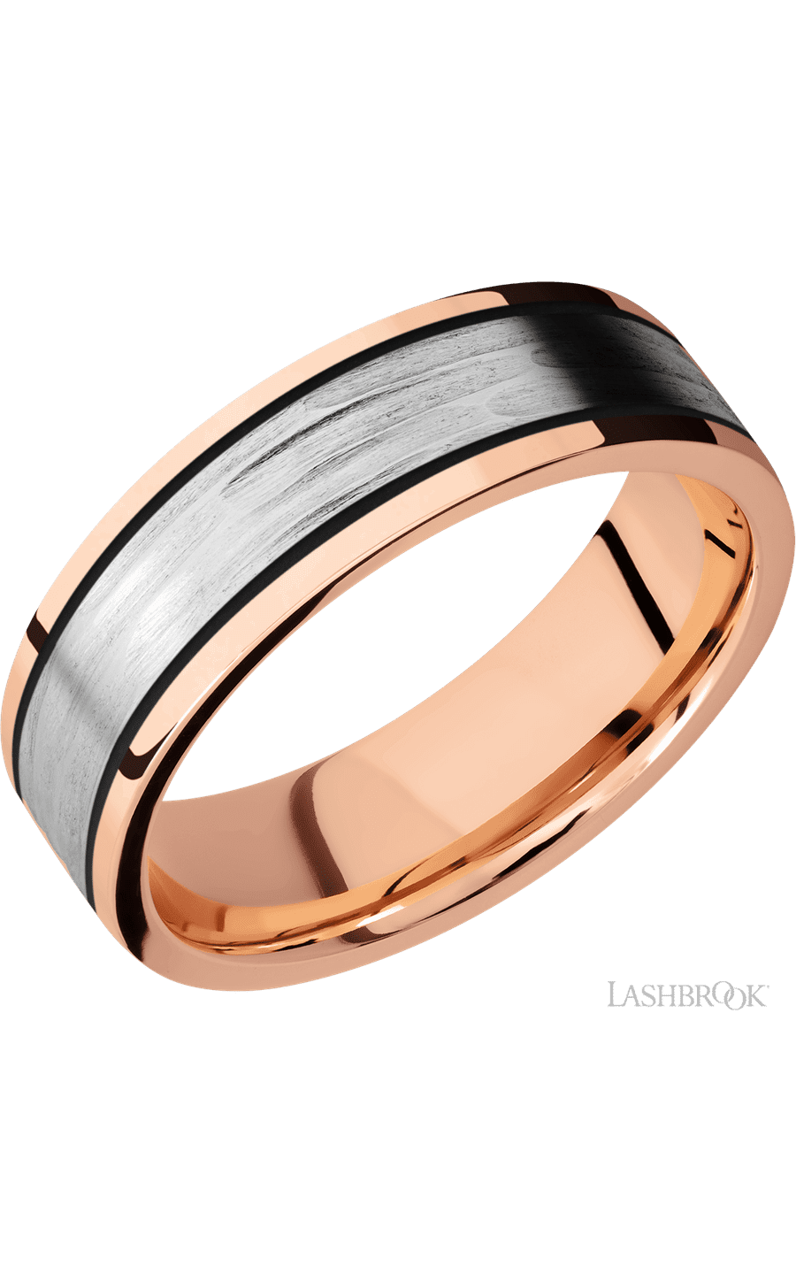 7 mm wide/Flat/14K Rose Gold band with one 4 mm Centered inlay of 14K White Gold. - NAGI