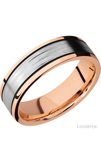 7 mm wide/Flat/14K Rose Gold band with one 4 mm Centered inlay of 14K White Gold.