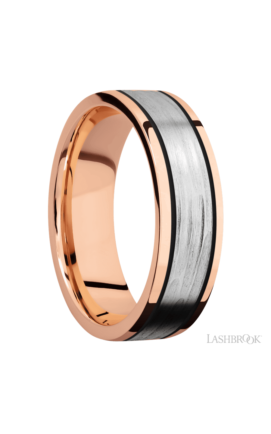 7 mm wide/Flat/14K Rose Gold band with one 4 mm Centered inlay of 14K White Gold. - NAGI