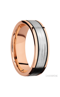 7 mm wide/Flat/14K Rose Gold band with one 4 mm Centered inlay of 14K White Gold.