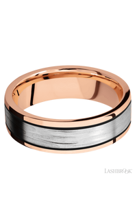 7 mm wide/Flat/14K Rose Gold band with one 4 mm Centered inlay of 14K White Gold.