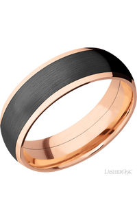 7 mm wide/Domed/14K Rose Gold band with one 5 mm Centered inlay of Zirconium.