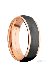 7 mm wide/Domed/14K Rose Gold band with one 5 mm Centered inlay of Zirconium.