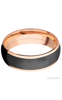 7 mm wide/Domed/14K Rose Gold band with one 5 mm Centered inlay of Zirconium.