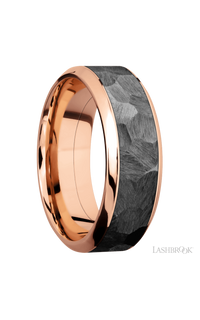 8 mm wide/High Bevel/14K Rose Gold band with one 5 mm Centered inlay of Zirconium.