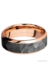 8 mm wide/High Bevel/14K Rose Gold band with one 5 mm Centered inlay of Zirconium.