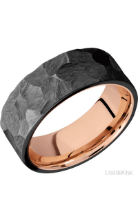 8 mm wide Flat Zirconium band featuring a 14K Rose Gold sleeve.