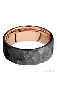 8 mm wide Flat Zirconium band featuring a 14K Rose Gold sleeve.