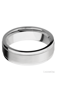7 mm wide Flat Stepped Edges Milgrain 14K White Gold band.