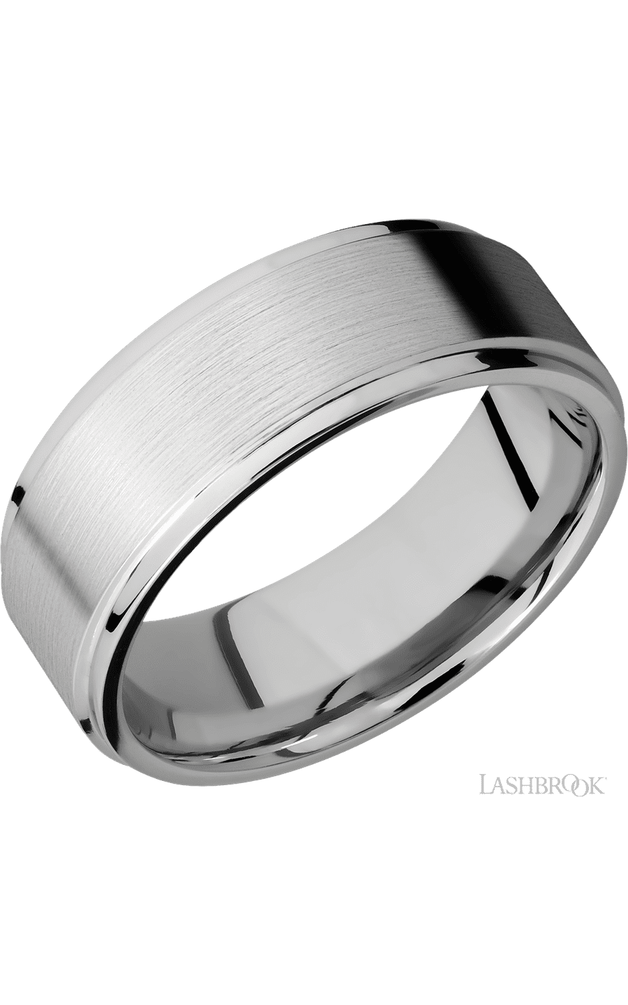 8 mm wide Flat Grooved Edges 14K White Gold band.