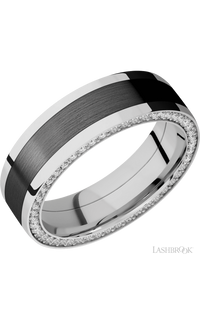7 mm wide/Flat/14K White Gold band with  one 4 mm Centered inlay of Zirconium and featuring a Side Eternity arrangement of .01 carat Round Diamond stones in a Bead Channel setting
