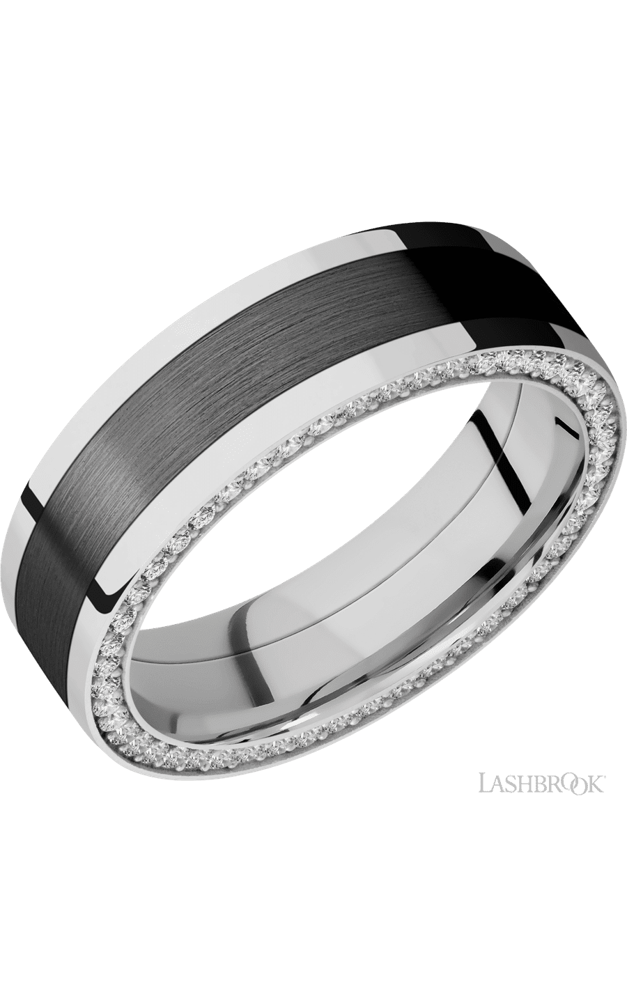7 mm wide/Flat/14K White Gold band with  one 4 mm Centered inlay of Zirconium and featuring a Side Eternity arrangement of .01 carat Round Diamond stones in a Bead Channel setting