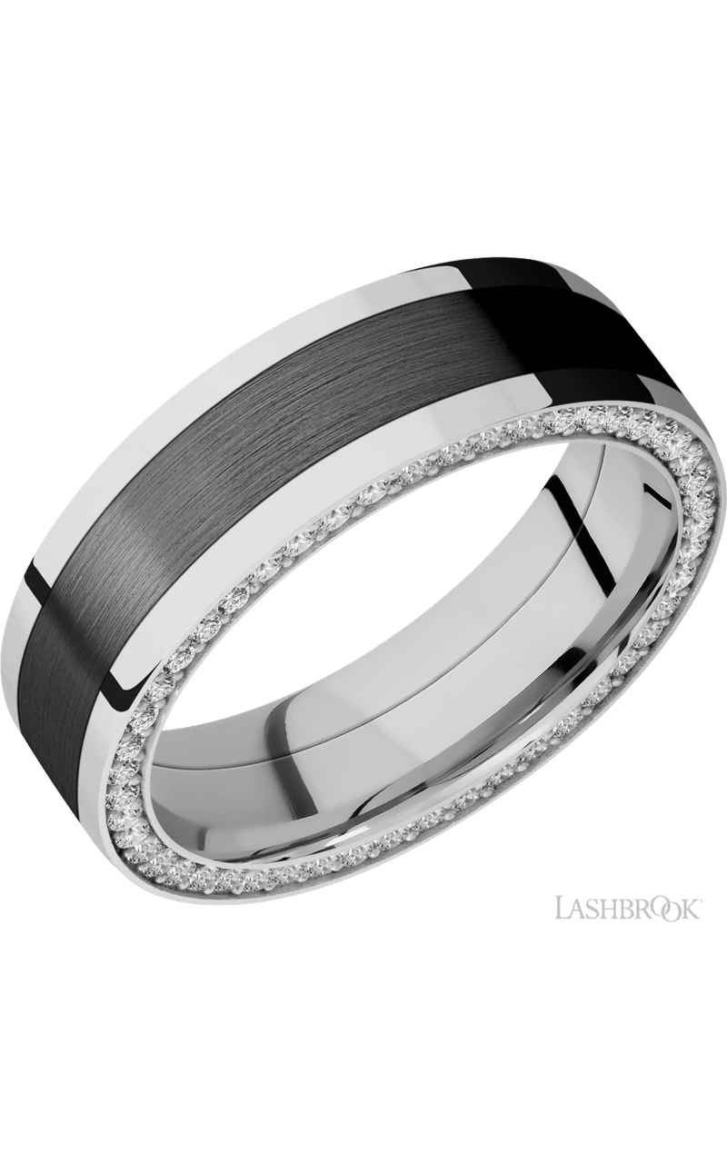 7 mm wide/Flat/14K White Gold band with  one 4 mm Centered inlay of Zirconium and featuring a Side Eternity arrangement of .01 carat Round Diamond stones in a Bead Channel setting