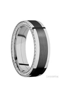 7 mm wide/Flat/14K White Gold band with  one 4 mm Centered inlay of Zirconium and featuring a Side Eternity arrangement of .01 carat Round Diamond stones in a Bead Channel setting