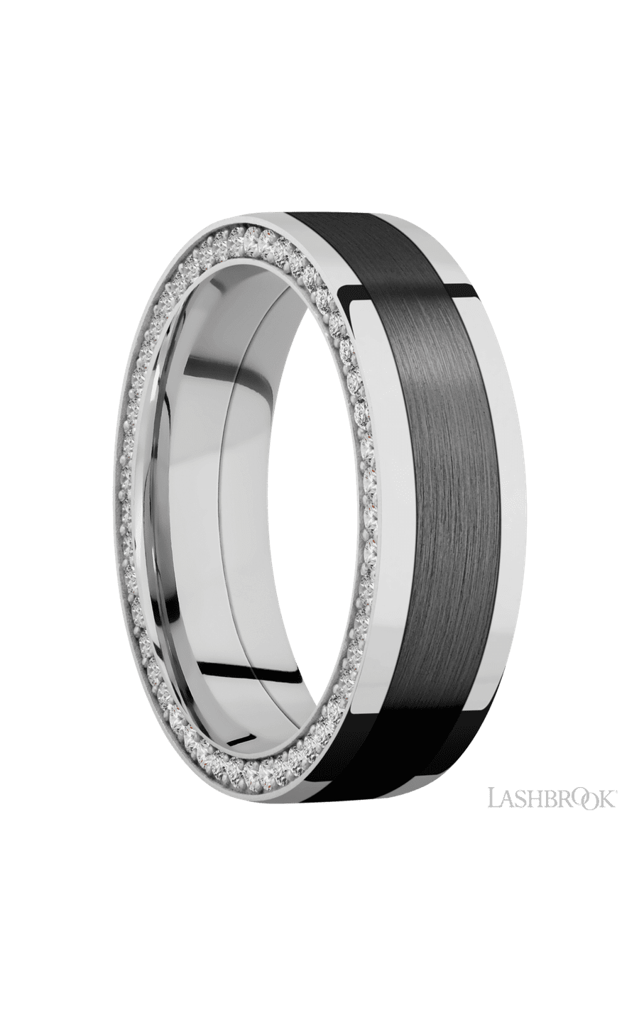 7 mm wide/Flat/14K White Gold band with  one 4 mm Centered inlay of Zirconium and featuring a Side Eternity arrangement of .01 carat Round Diamond stones in a Bead Channel setting