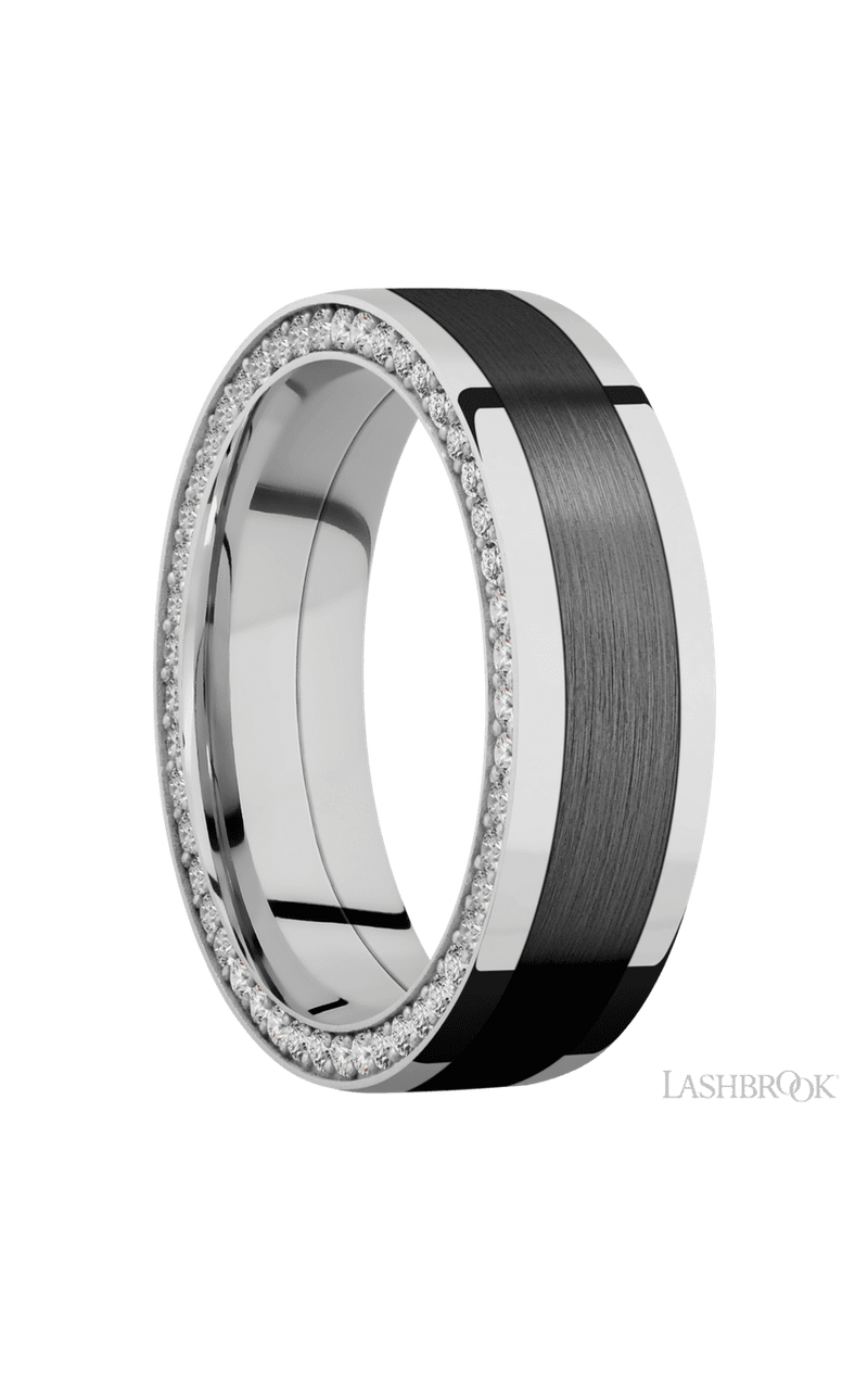 7 mm wide/Flat/14K White Gold band with  one 4 mm Centered inlay of Zirconium and featuring a Side Eternity arrangement of .01 carat Round Diamond stones in a Bead Channel setting