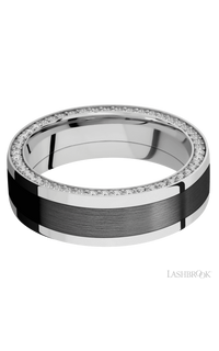 7 mm wide/Flat/14K White Gold band with  one 4 mm Centered inlay of Zirconium and featuring a Side Eternity arrangement of .01 carat Round Diamond stones in a Bead Channel setting