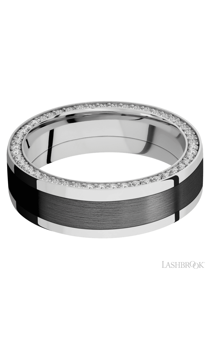 7 mm wide/Flat/14K White Gold band with  one 4 mm Centered inlay of Zirconium and featuring a Side Eternity arrangement of .01 carat Round Diamond stones in a Bead Channel setting