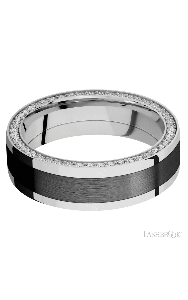 7 mm wide/Flat/14K White Gold band with  one 4 mm Centered inlay of Zirconium and featuring a Side Eternity arrangement of .01 carat Round Diamond stones in a Bead Channel setting