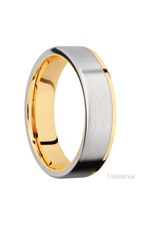 6 mm wide/Flat/14K Yellow Gold band with one 5 mm Off Center Edge inlay of Cobalt Chrome. - NAGI