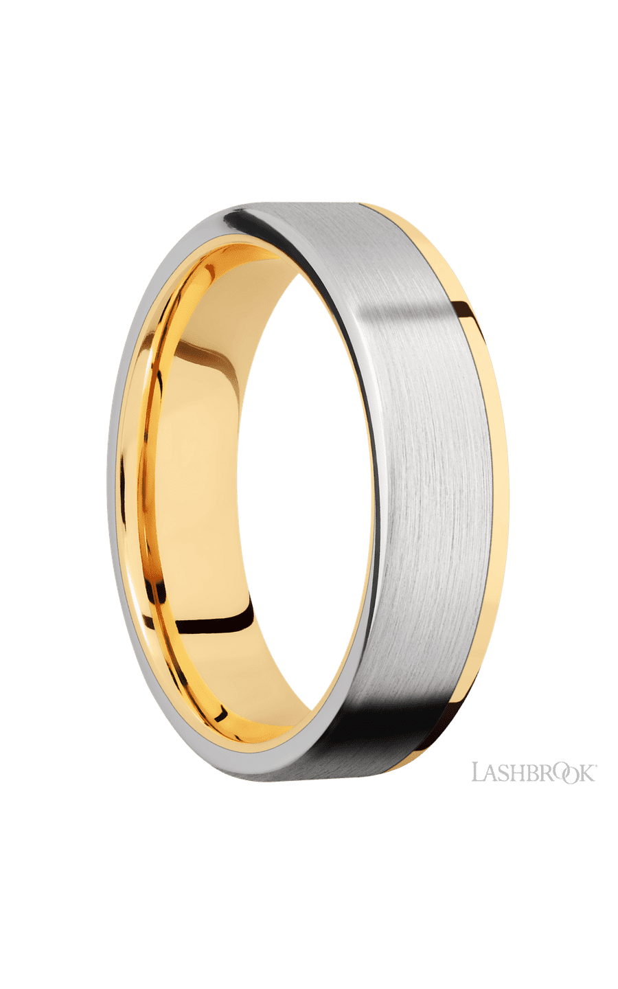6 mm wide/Flat/14K Yellow Gold band with one 5 mm Off Center Edge inlay of Cobalt Chrome. - NAGI