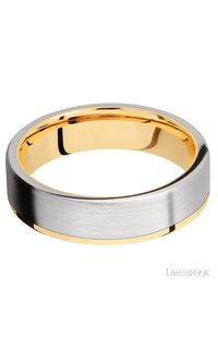 6 mm wide/Flat/14K Yellow Gold band with one 5 mm Off Center Edge inlay of Cobalt Chrome. - NAGI