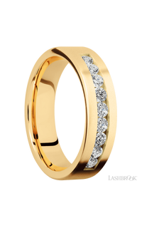 6 mm wide/Flat/14K Yellow Gold band with an  arrangement of 9, .07 carat Round Diamond stones in a Channel setting.