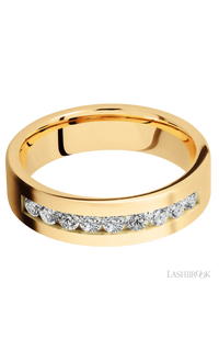6 mm wide/Flat/14K Yellow Gold band with an  arrangement of 9, .07 carat Round Diamond stones in a Channel setting.