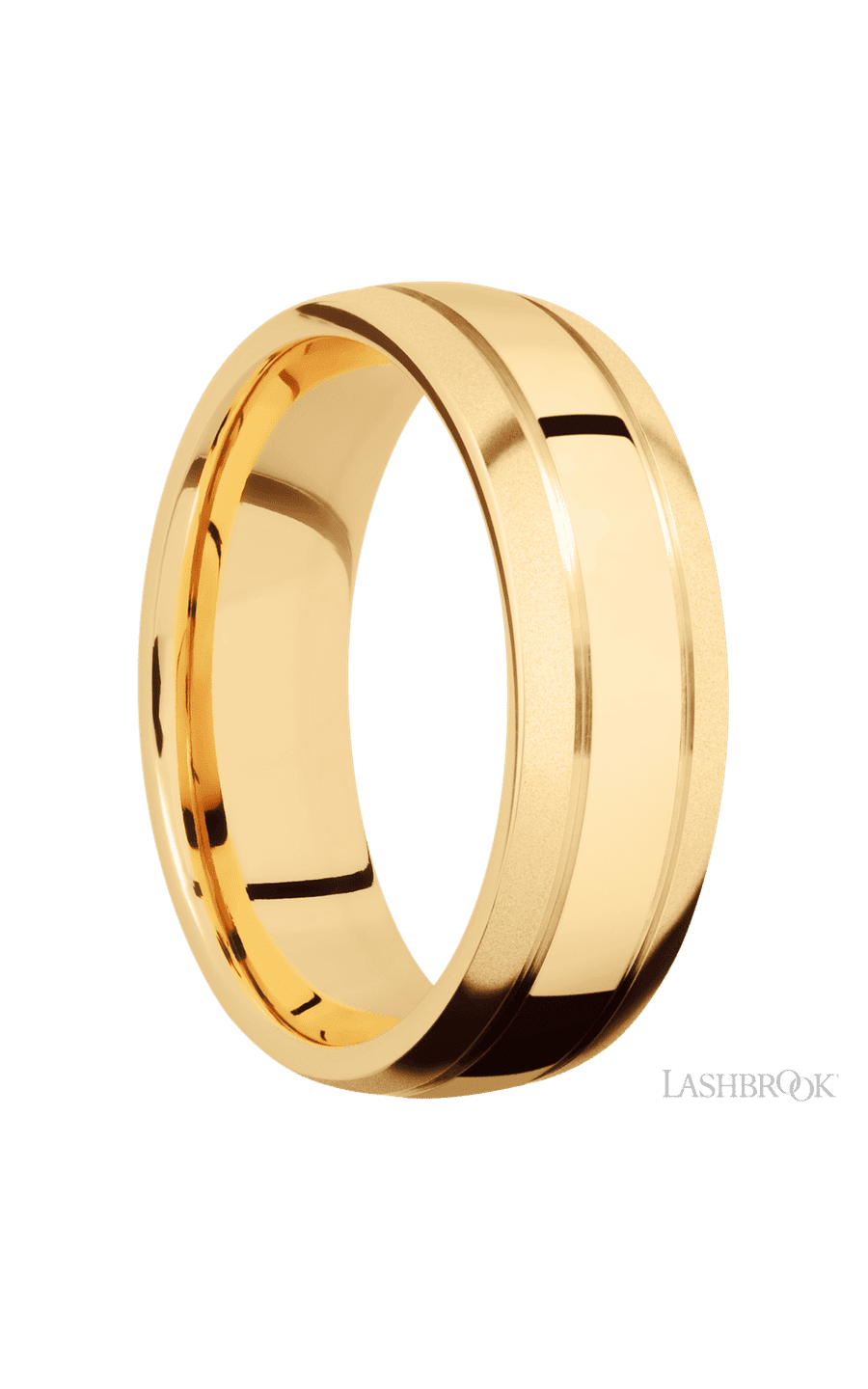 7 mm wide Domed with two accent grooves 14K Yellow Gold band. - NAGI