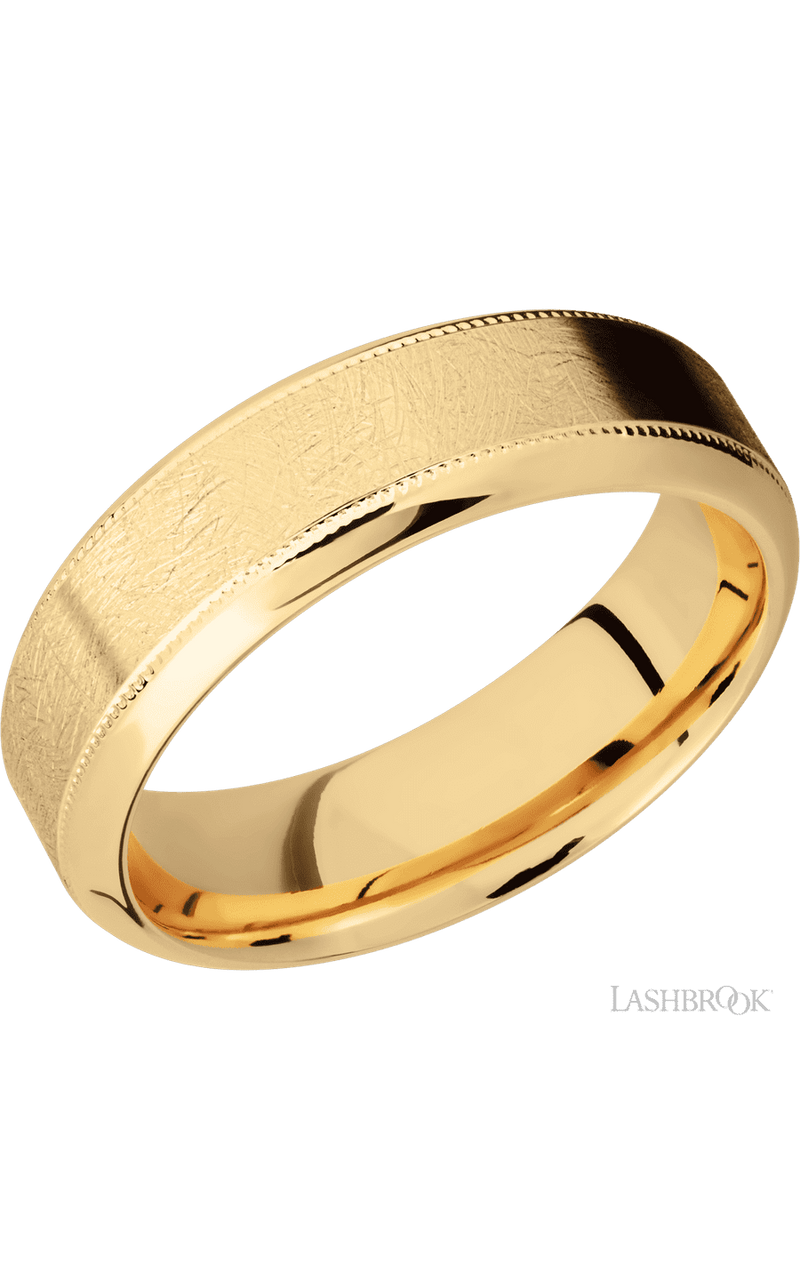 7 mm wide High Bevel Milgrain 14K Yellow Gold band.