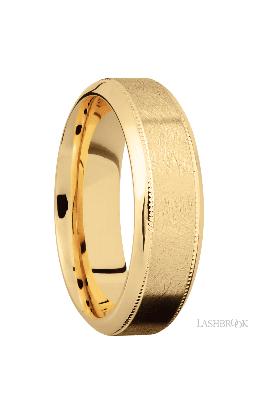 7 mm wide High Bevel Milgrain 14K Yellow Gold band.