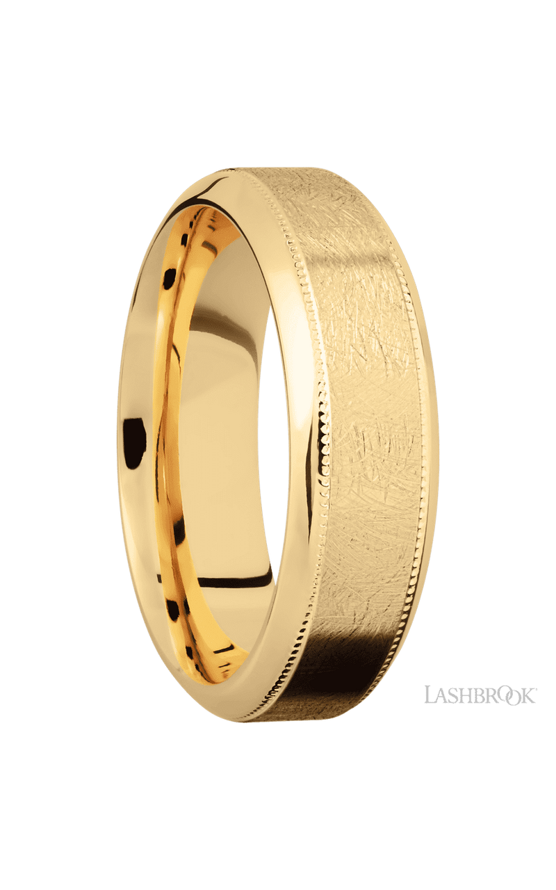 7 mm wide High Bevel Milgrain 14K Yellow Gold band.