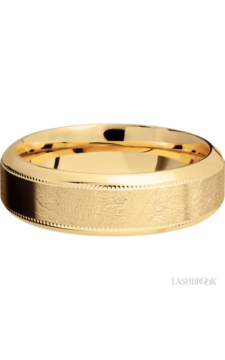 7 mm wide High Bevel Milgrain 14K Yellow Gold band.