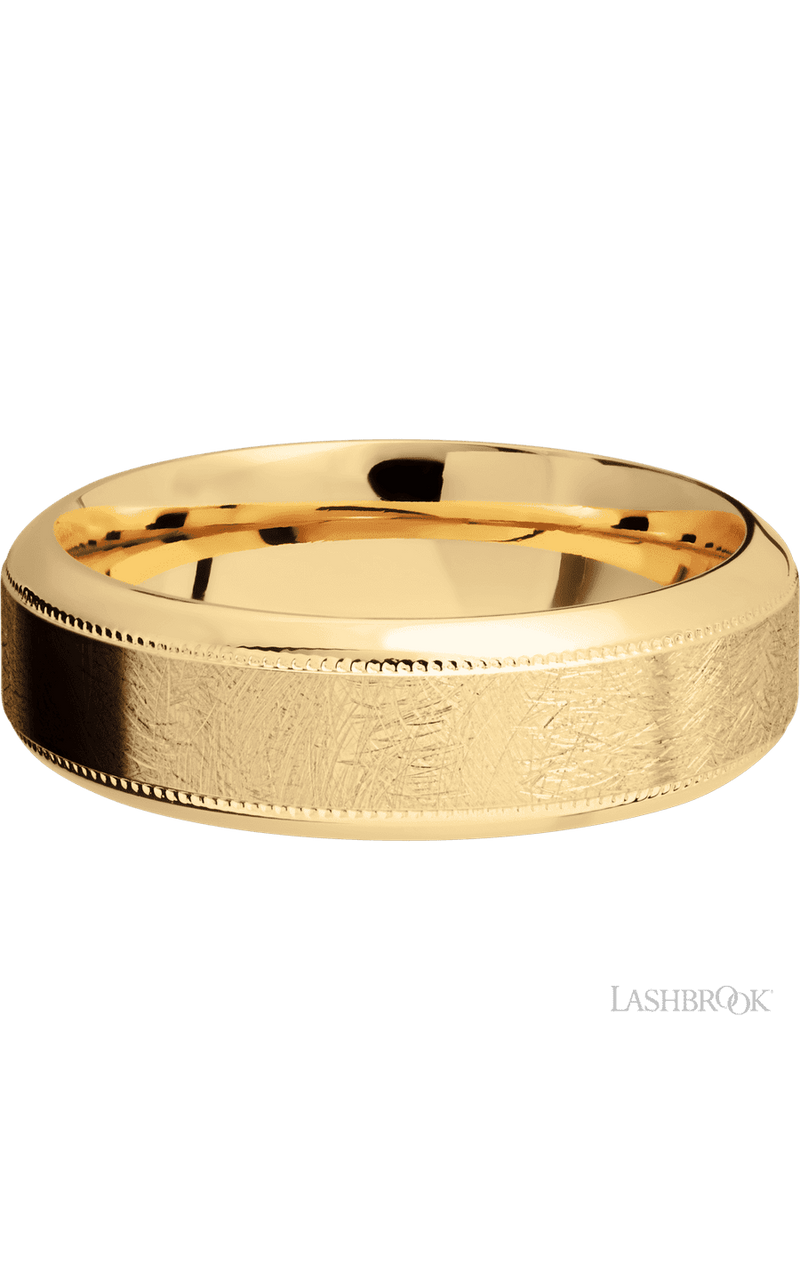 7 mm wide High Bevel Milgrain 14K Yellow Gold band.