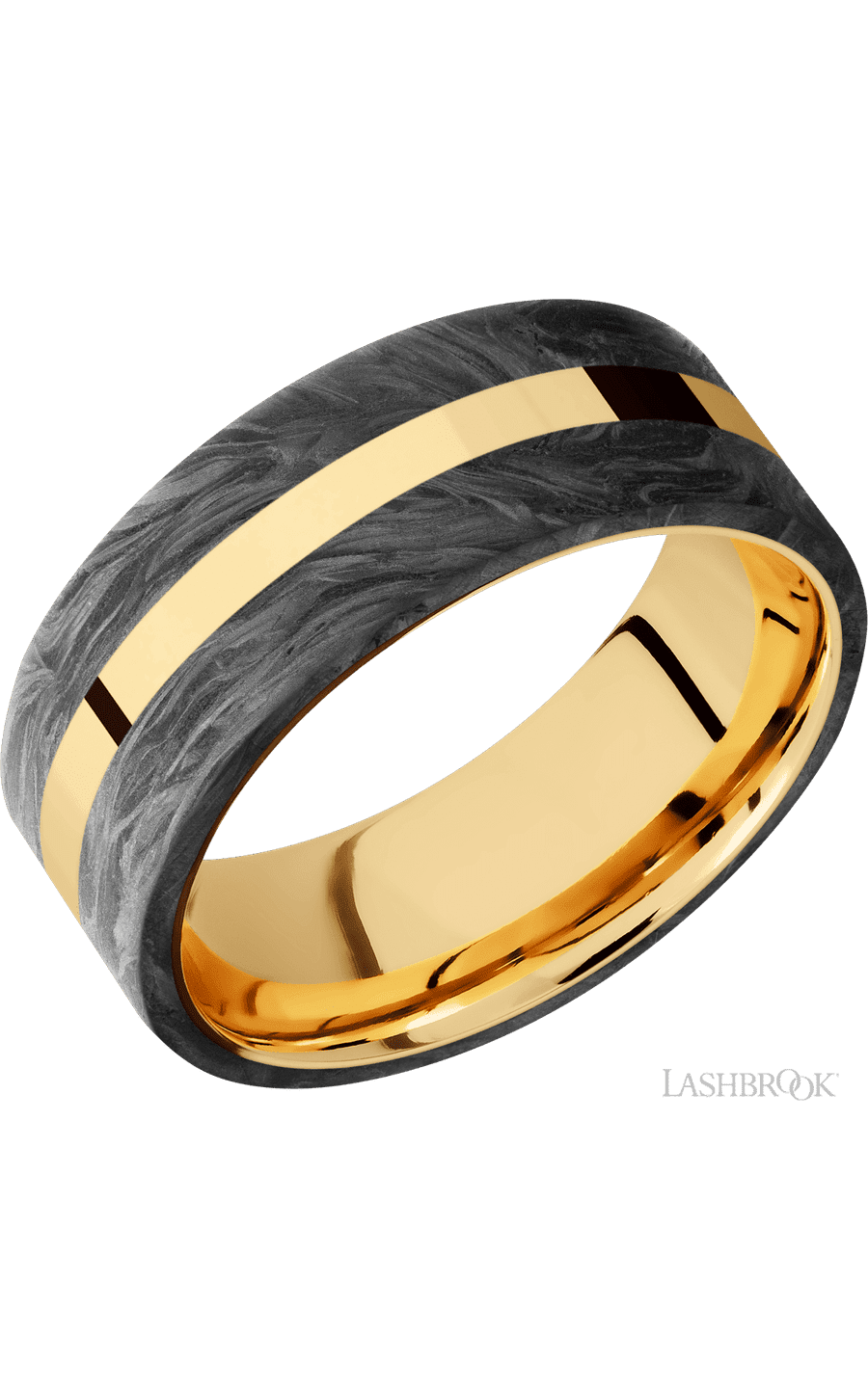 8 mm wide/Flat/14K Yellow Gold band with two 3 mm Double Off Center Edge inlays of Forged Carbon Fiber.