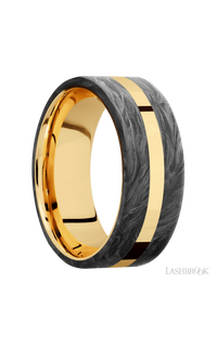 8 mm wide/Flat/14K Yellow Gold band with two 3 mm Double Off Center Edge inlays of Forged Carbon Fiber.