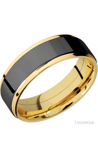 7 mm wide/Flat Grooved Edges/14K Yellow Gold band with one 5 mm Raised Centered inlay of Zirconium.