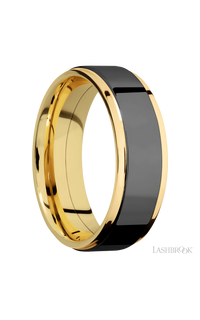 7 mm wide/Flat Grooved Edges/14K Yellow Gold band with one 5 mm Raised Centered inlay of Zirconium.