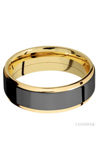 7 mm wide/Flat Grooved Edges/14K Yellow Gold band with one 5 mm Raised Centered inlay of Zirconium.