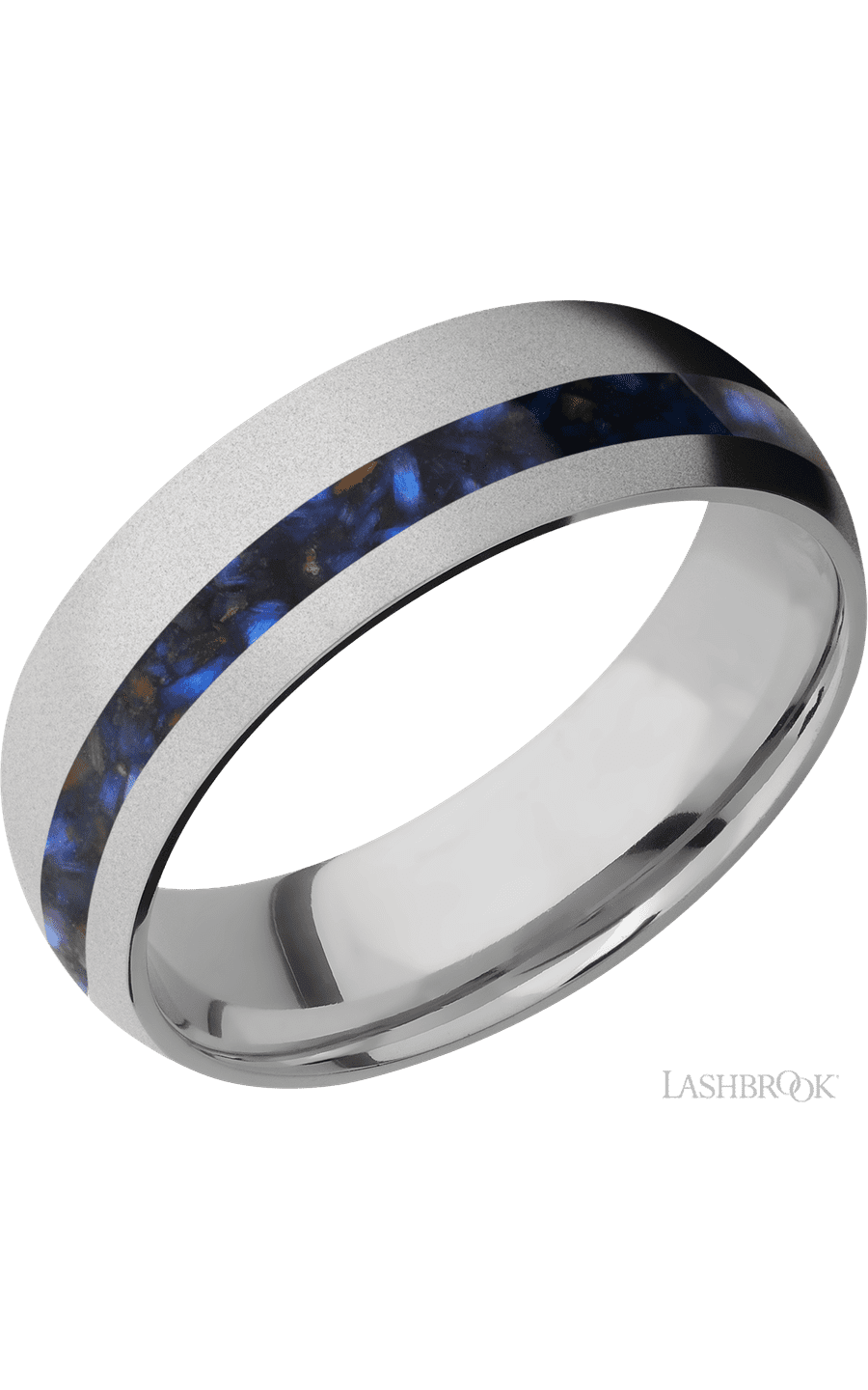 7 mm wide/Domed/Titanium band with one 2 mm Off Center inlay of Blue Tiger Eye. - NAGI