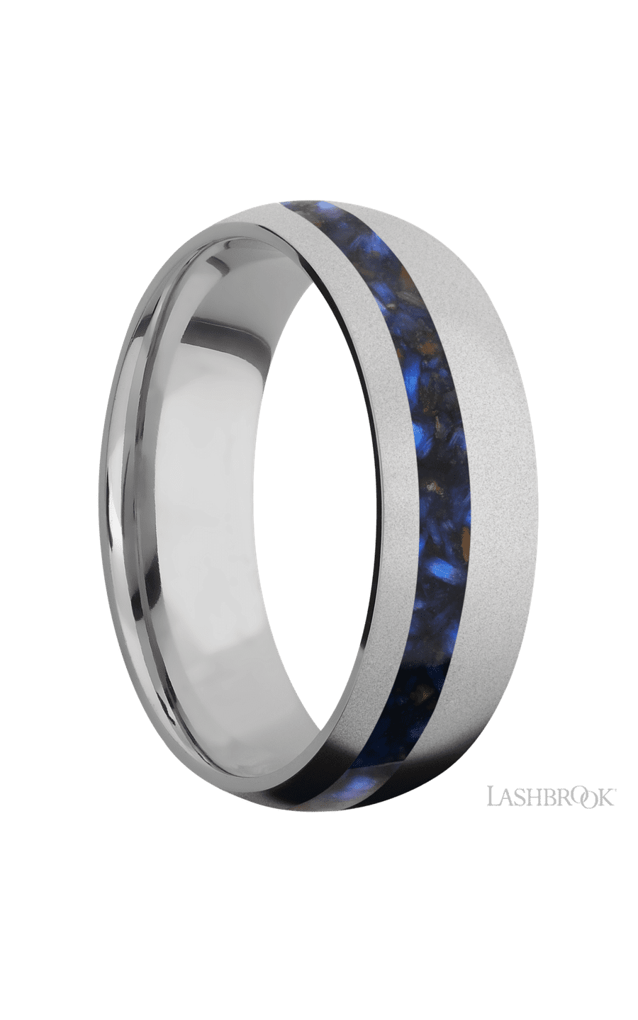 7 mm wide/Domed/Titanium band with one 2 mm Off Center inlay of Blue Tiger Eye. - NAGI