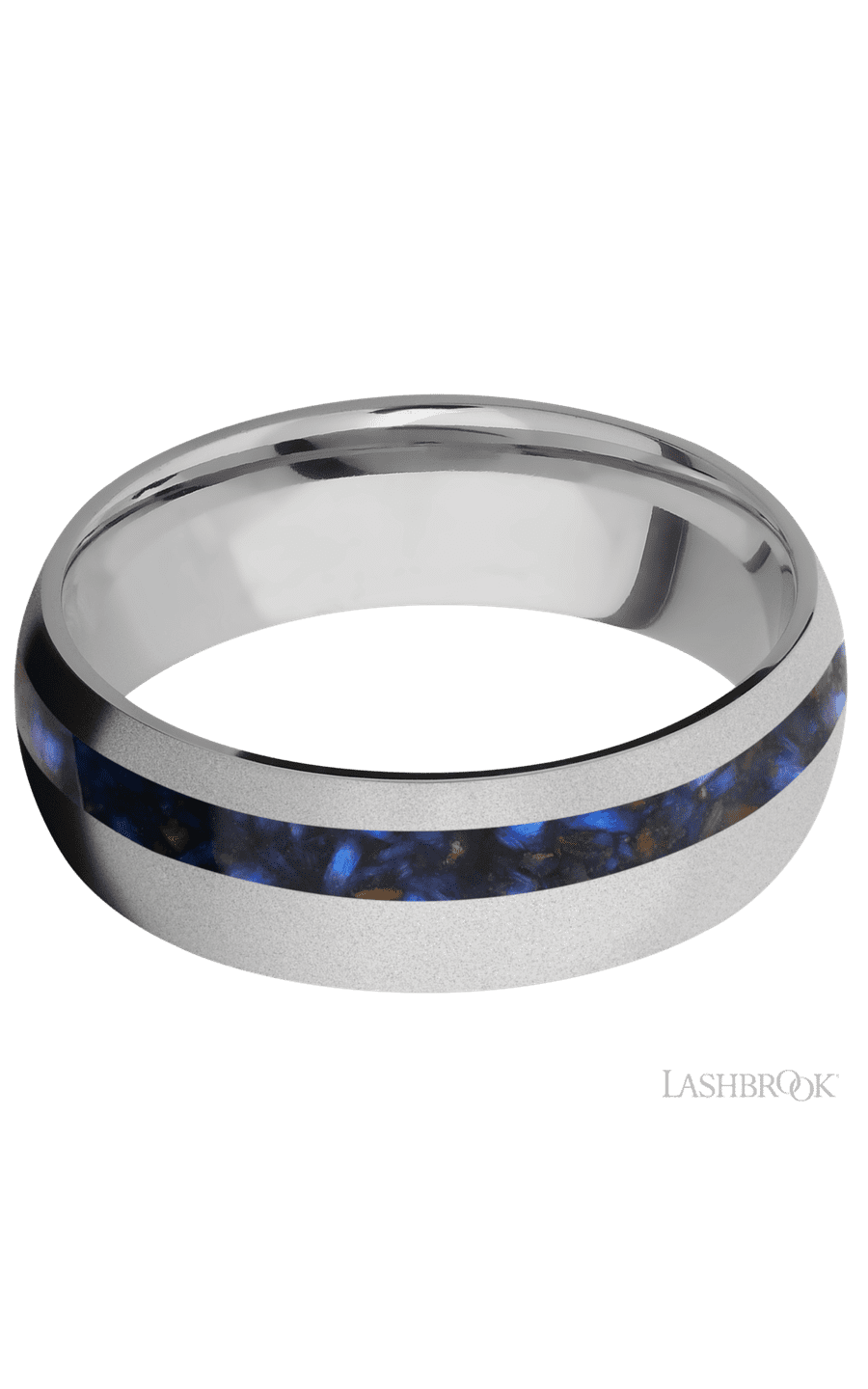 7 mm wide/Domed/Titanium band with one 2 mm Off Center inlay of Blue Tiger Eye. - NAGI