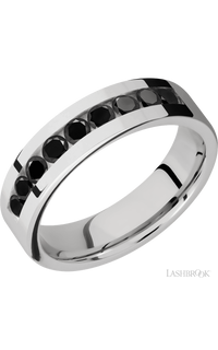 6 mm wide/Flat/Cobalt Chrome band with an  arrangement of 9, .1 carat Round Black Diamond stones in a Channel setting.