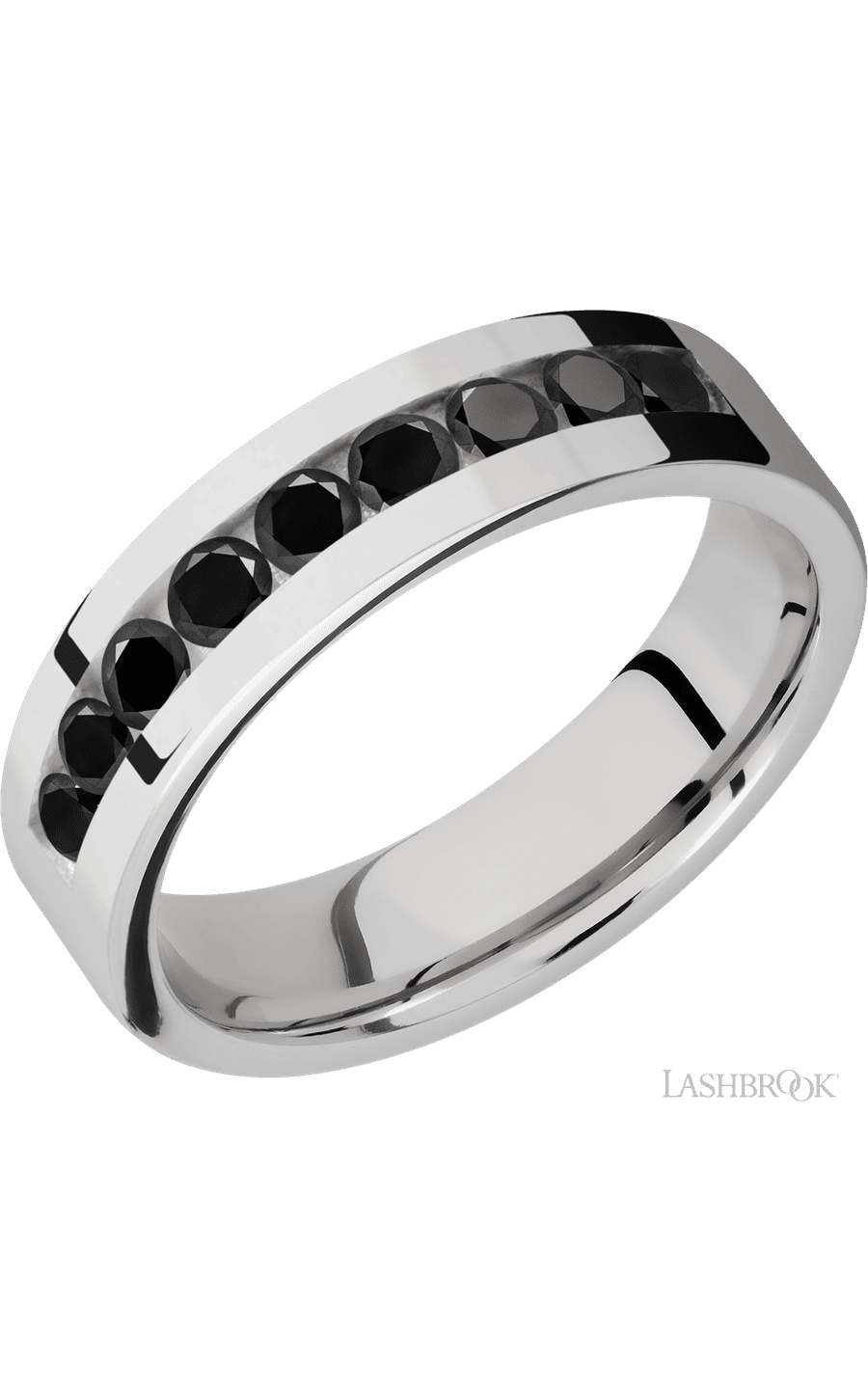 6 mm wide/Flat/Cobalt Chrome band with an  arrangement of 9, .1 carat Round Black Diamond stones in a Channel setting. - NAGI