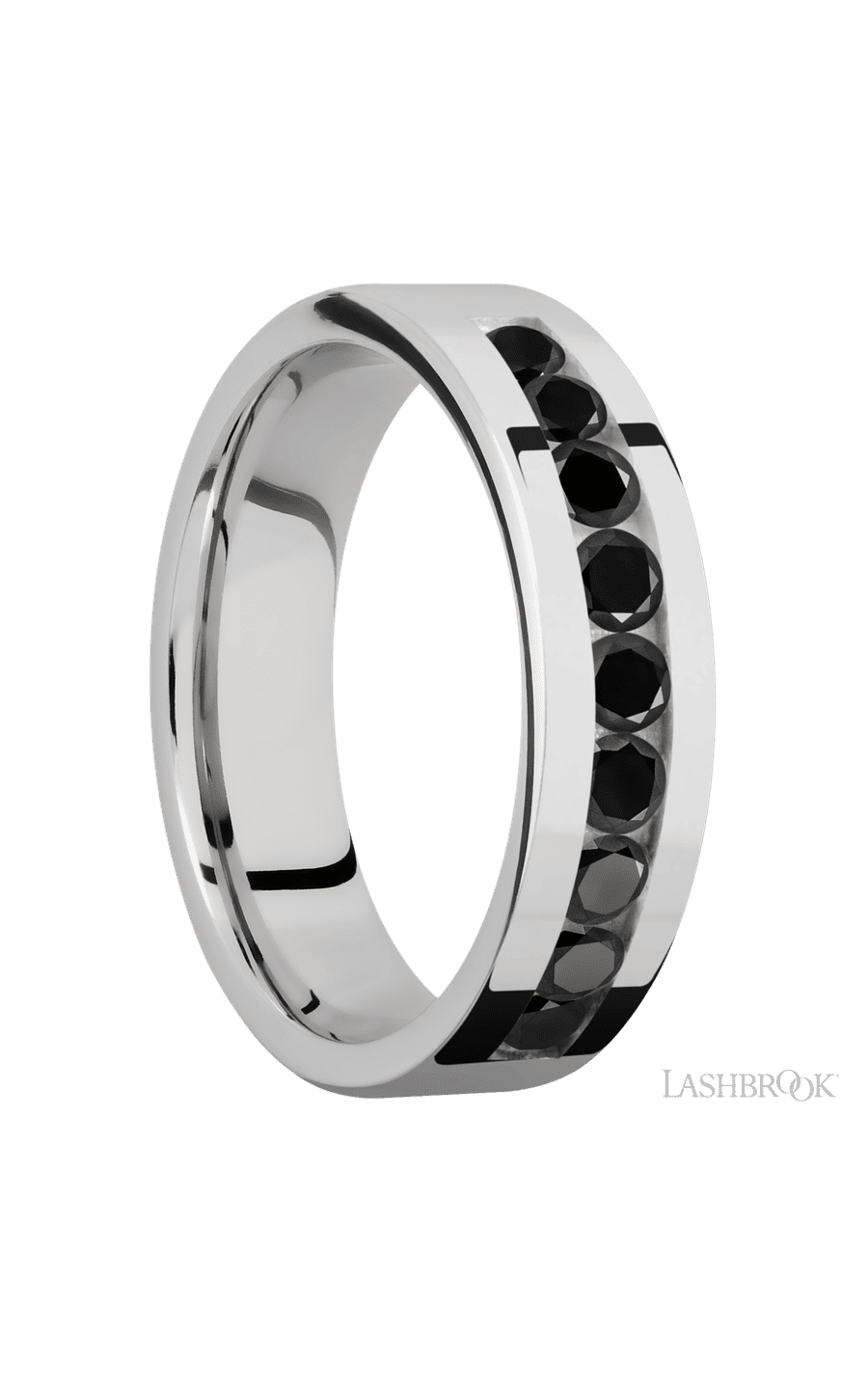 6 mm wide/Flat/Cobalt Chrome band with an  arrangement of 9, .1 carat Round Black Diamond stones in a Channel setting. - NAGI