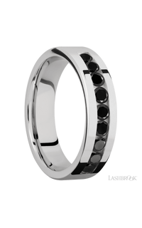 6 mm wide/Flat/Cobalt Chrome band with an  arrangement of 9, .1 carat Round Black Diamond stones in a Channel setting.