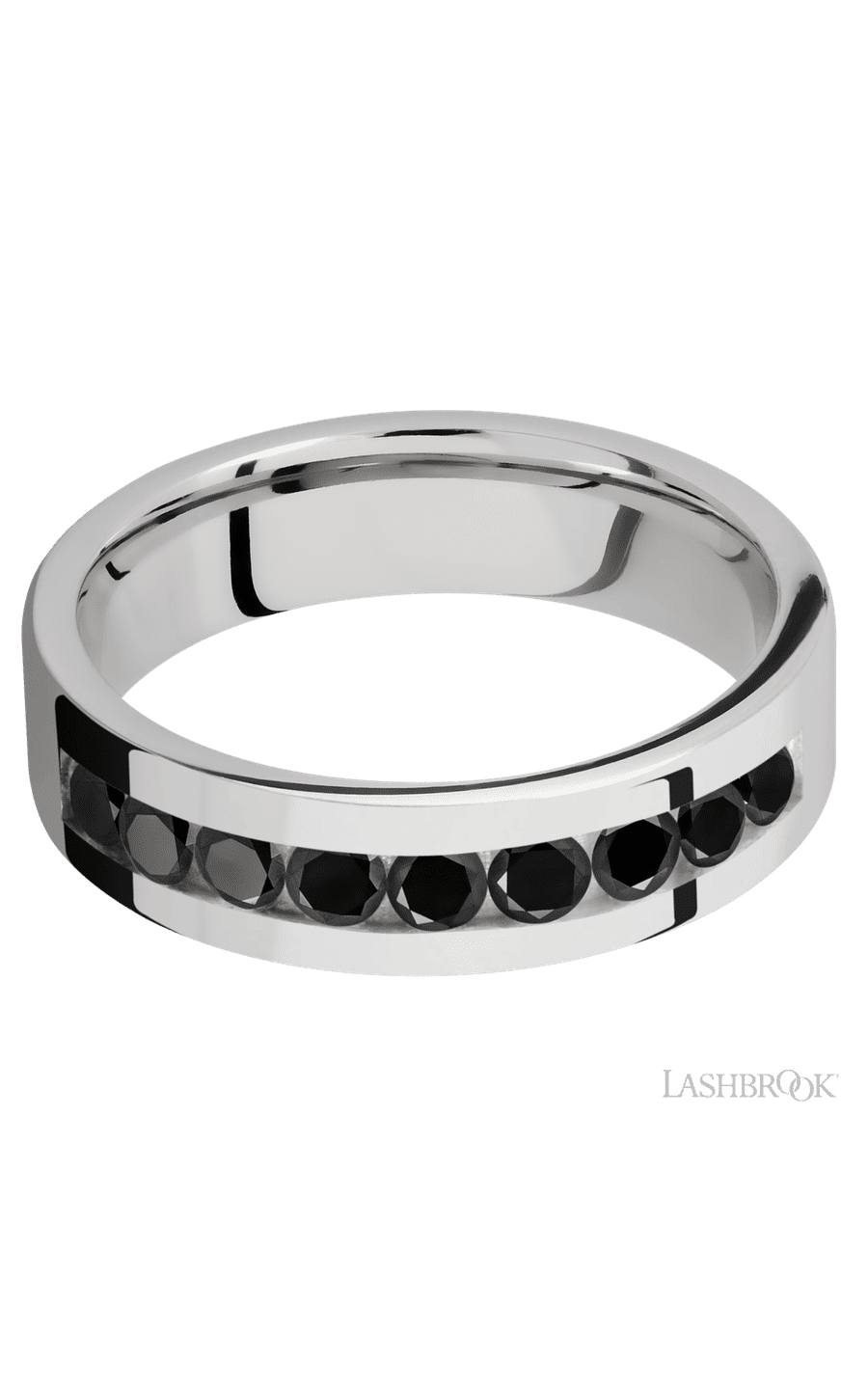 6 mm wide/Flat/Cobalt Chrome band with an  arrangement of 9, .1 carat Round Black Diamond stones in a Channel setting. - NAGI