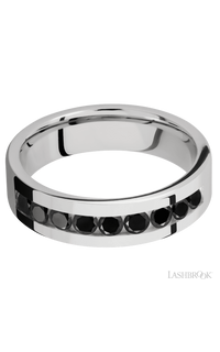 6 mm wide/Flat/Cobalt Chrome band with an  arrangement of 9, .1 carat Round Black Diamond stones in a Channel setting.