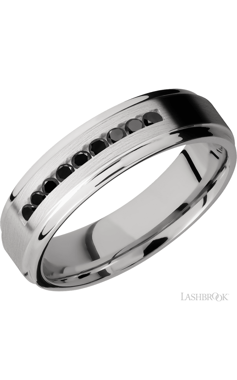 6 mm wide/Flat Grooved Edges/Cobalt Chrome band with an  arrangement of 9, .03 carat Round Black Diamond stones in a Channel setting. - NAGI